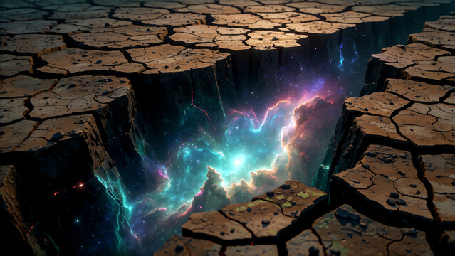 A deep fissure in dry cracked earth revealing a glowing nebula universe inside.