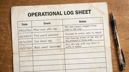 Fototapeta premium Vintage Office Log Sheet on Wooden Desk with Pen.