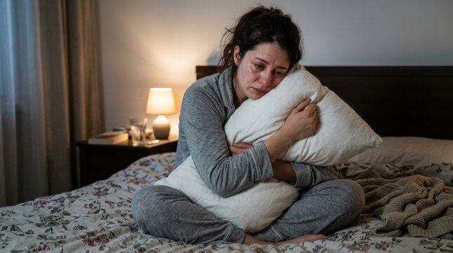 Sad woman sitting on bed hugging pillow in dark room feeling lonely and depressed