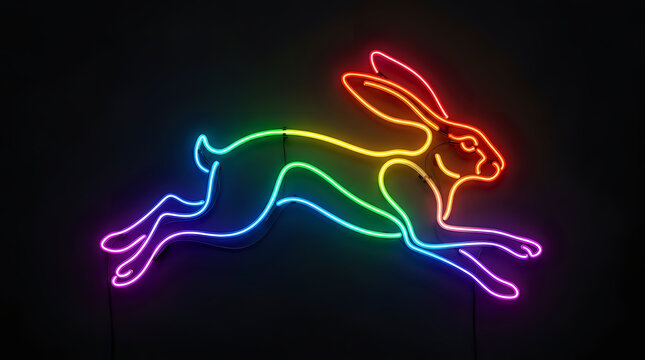 Rainbow colored neon outline of a running hare on black background with neon light