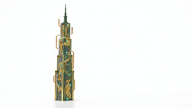 Gold circuit trace skyscraper isolated &ndash; Suitable for PCB design, microchip technology, or hardware development.