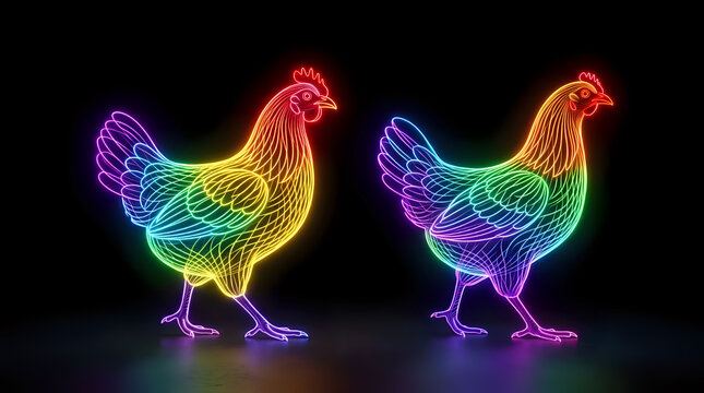 Two chickens with rainbow pattern inside colorful glowing neon line art illustration
