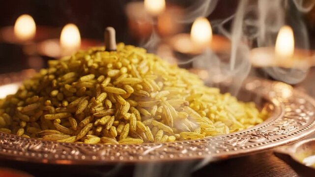 Luxury cinematic macro shot of traditional golden turmeric rice beautifully arranged on a decorative copper plate intricate engraved craftsmanship realistic fluffy grains glowing candlelight reflectio