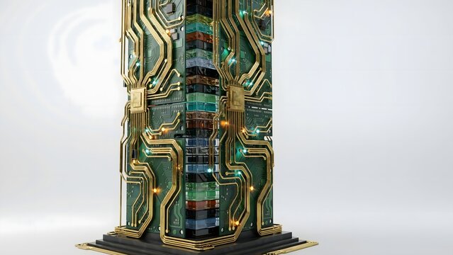 Circuit board skyscraper on white background &ndash; Ideal for electronic engineering, computer hardware, or tech background assets.