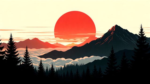 Stunning vector illustration of a majestic mountain landscape during a vibrant red sunset.