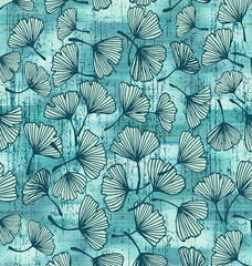 Pattern Of Ginkgo Biloba Leaves On Teal Textured Background