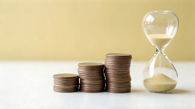 Stacks of coins with an hourglass representing time and money management concept.