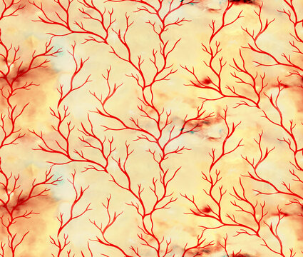 Seamless Pattern With Red Coral Branches On Watercolor Textured Background