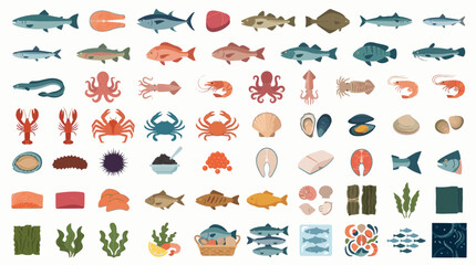 Obraz premium Hand Drawn Marine Life Clipart Collection with Sea Animals and Seafood Isolated on White Background