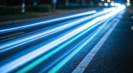 Fototapeta premium Long Exposure Blue Light Trails on Dark Asphalt Background