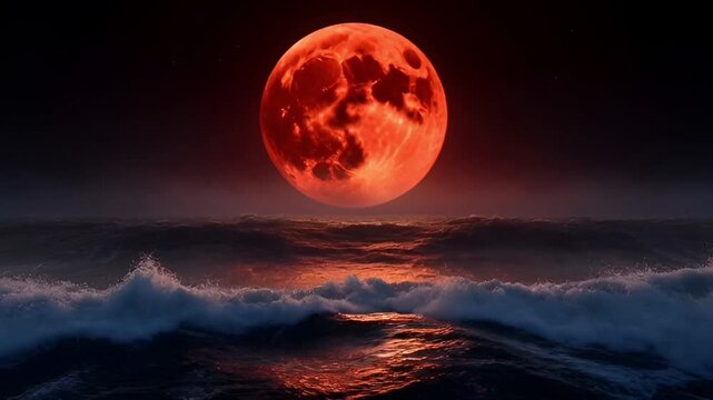 Giant red blood moon rising over stormy ocean waves at night