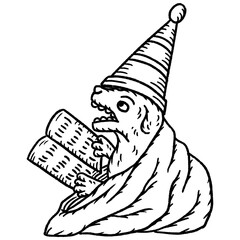 Medieval dog reading an open book  in manuscript style, hand-drawn vintage ink line art