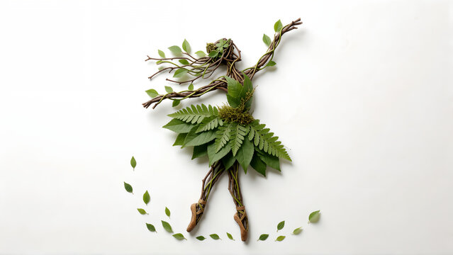 Creative ballerina figure made from natural twigs and green leaves isolated on white background.
