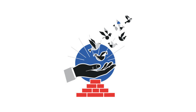 A vector graphic illustration of a hand breaking through a brick wall with a laptop and birds flying out