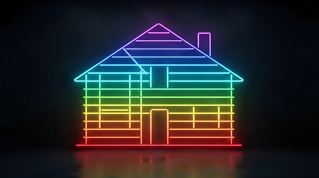 Abstract rainbow neon light outline of a residential house silhouette on dark