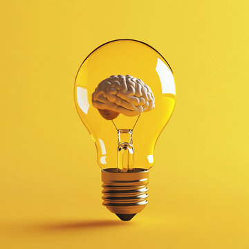 3D Light Bulb with Human Brain Inside on Yellow Background made with generative AI