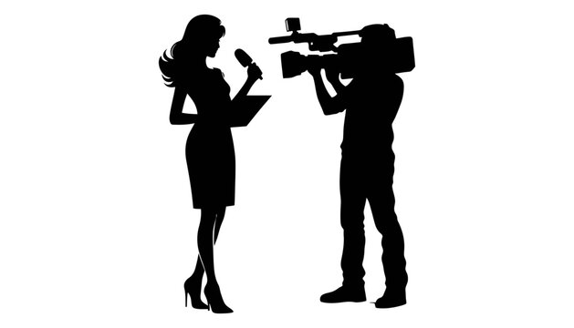 A minimalist silhouette illustration of a female celebrity being filmed by a cameraman