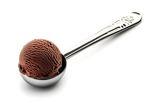 A silver ice cream scoop holds a generous serving of chocolate ice cream