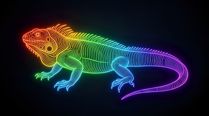 Neon rainbow iguana profile graphic isolated on black background with colorful