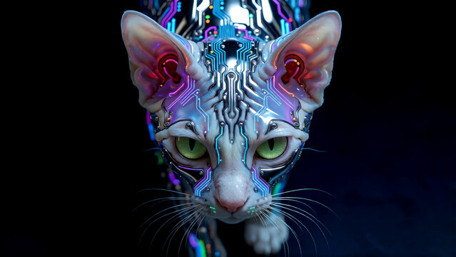 Futuristic cyborg cat with glowing neon circuit patterns and green eyes.