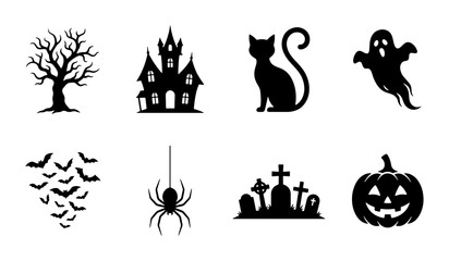 Fototapeta premium Halloween Icons Set: Spooky Vector Graphics for Festive Designs, Haunted House, Ghost, Pumpkin