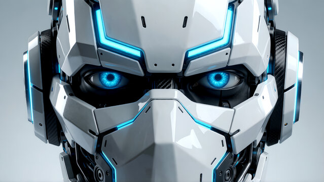 Close up portrait of a futuristic cyborg soldier with glowing blue eyes and white armor.