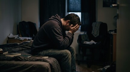 Fototapeta premium Distressed Young Man Sitting on Bed in Dark Room Feeling Depressed and Overwhelmed by Stress and Anxiety