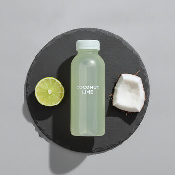 Flat lay of coconut lime juice bottle on a circular black slate tray with a sliced lime half and fresh coconut piece over a grey surface with hard shadows and minimal style.