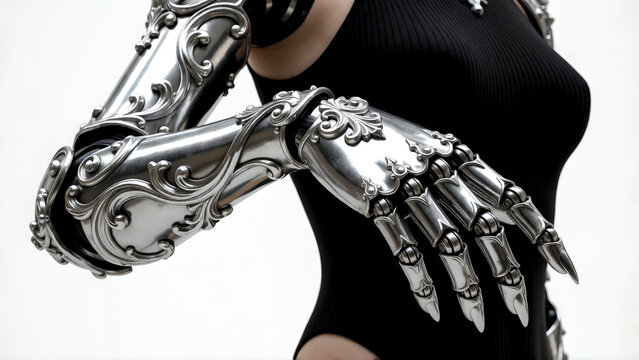 Close-up of a detailed metallic cybernetic arm with intricate baroque ornaments and sharp fingers.