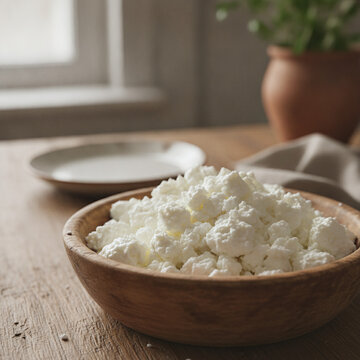 Fresh crumbly cottage cheese curd served in a rustic wooden bowl on a textured timber table Soft natural light from a window illuminates the healthy dairy snack and blurred kitchen