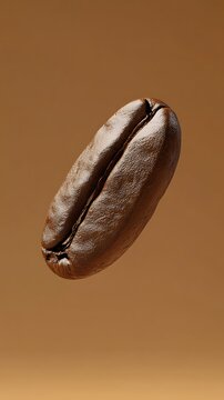 A single roasted coffee bean suspended in mid air against a warm brown gradient background