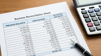 Obraz premium Business Reconciliation Sheet On Desk With Calculator And Pen.