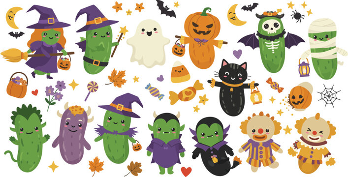 A collection of cute cartoon pickles dressed in various halloween costumes including witch ghost vampire mummy and pumpkin characters on white background