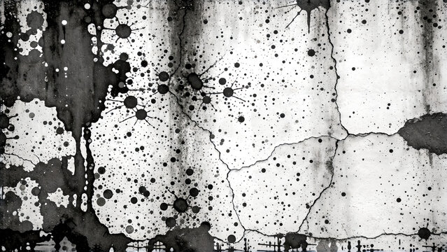 Black and white abstract background with ink splashes and splatters on textured surface.