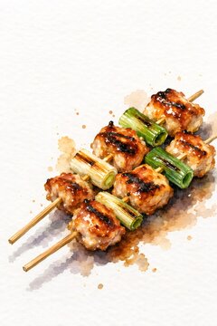 Japanese yakitori chicken skewers watercolor art