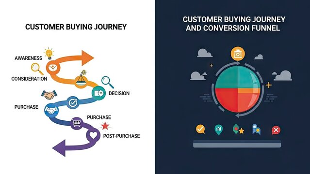 Customer buying journey infographic illustrating awareness to post purchase phases