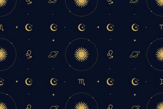 Seamless pattern of golden zodiac symbols, suns, moons, and planets on a dark navy blue background, for astrology and, celestial themed