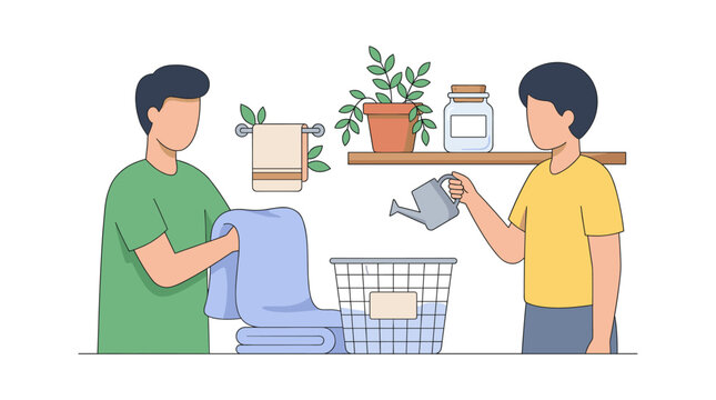 People doing laundry and watering plants