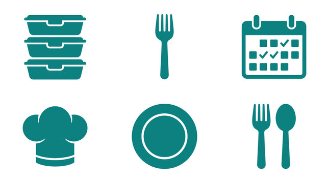 Food service icons chef hat containers fork spoon plate calendar