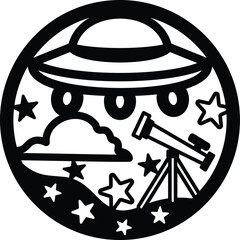 Round layered papercut illustration featuring a UFO, rocket, Saturn planet, moon, and stars in a space scene © Indra