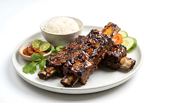 Grilled Beef Ribs with Rice and Spicy Sauce on a Plate, Studio Photography