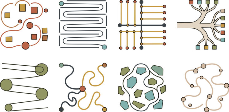 Abstract Route and Network Path Diagram Set with Nodes Branches and Flow Lines
