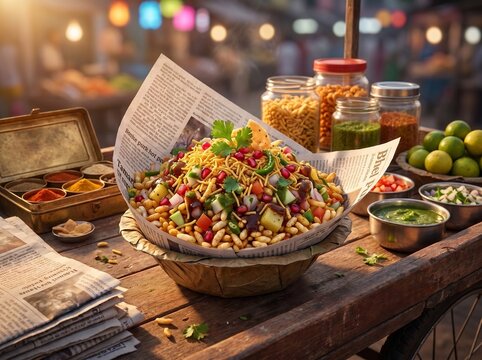 Authentic Indian Street Food Stall Style Bhel Puri with Traditional Chaat Presentation