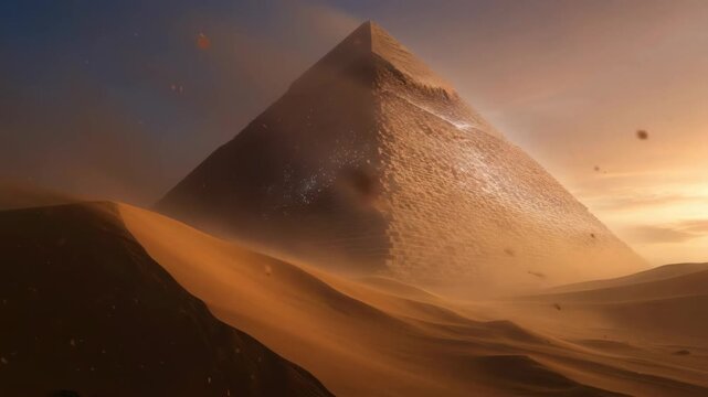 Desert storm around a mysterious ancient pyramid revealing glowing anomalies. Unexplained light phenomena in a dusty alien landscape with dunes.