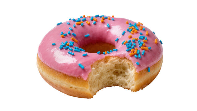 Pink frosted donut with blue and orange sprinkles bite taken out, isolated on transparent background