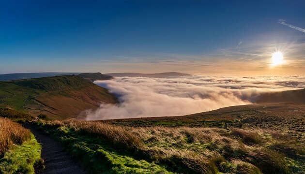 Thick Cloud Inversion With Morning Sun Casting Golden Light On The Landscape Taken At Mam Tor In The English Peak District