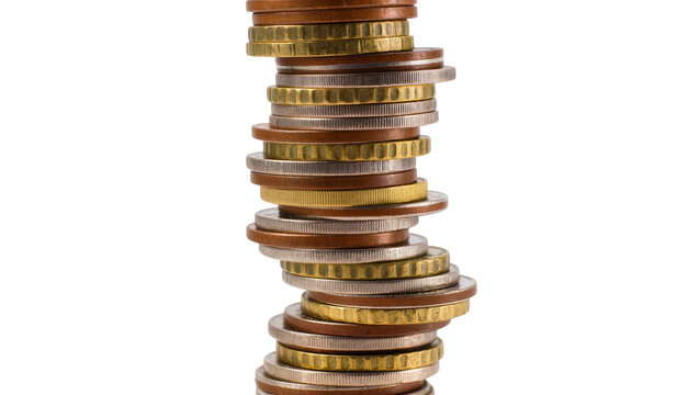 Tall stack of mixed metal coins, isolated on transparent background