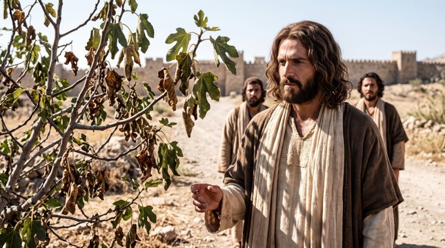Man representing Jesus cursing the withered fig tree in biblical scene. Religious story from the Gospel of Matthew with disciples walking near ancient Jerusalem wall during desert journey.