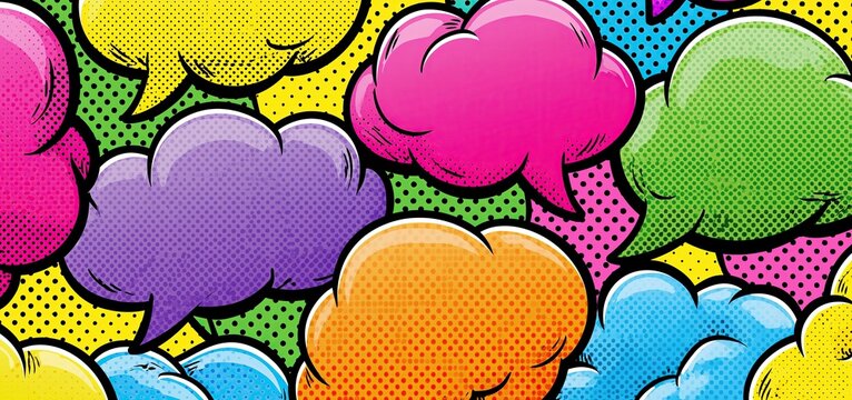 Colorful retro comic panel featuring blank speech balloons on a dynamic dotted background in pop art style.