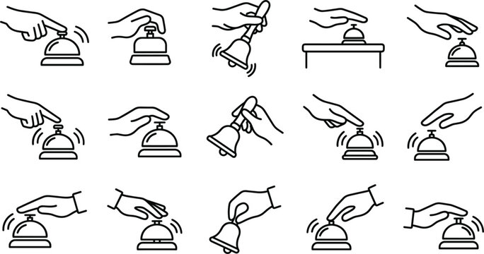 Hotel Reception Desk Bell and Service Ring Line Icon Set featuring Hands Pressing Buttons and Ringing Handbells for Hospitality and Concierge Designs